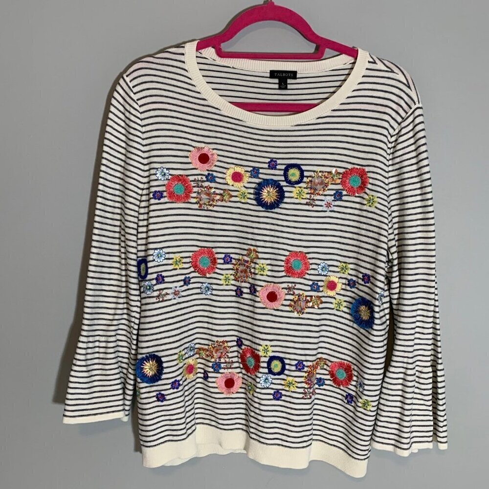Talbots Striped Floral Embroidered Sweater Womens Size‎ L White Blue Bell Sleeve